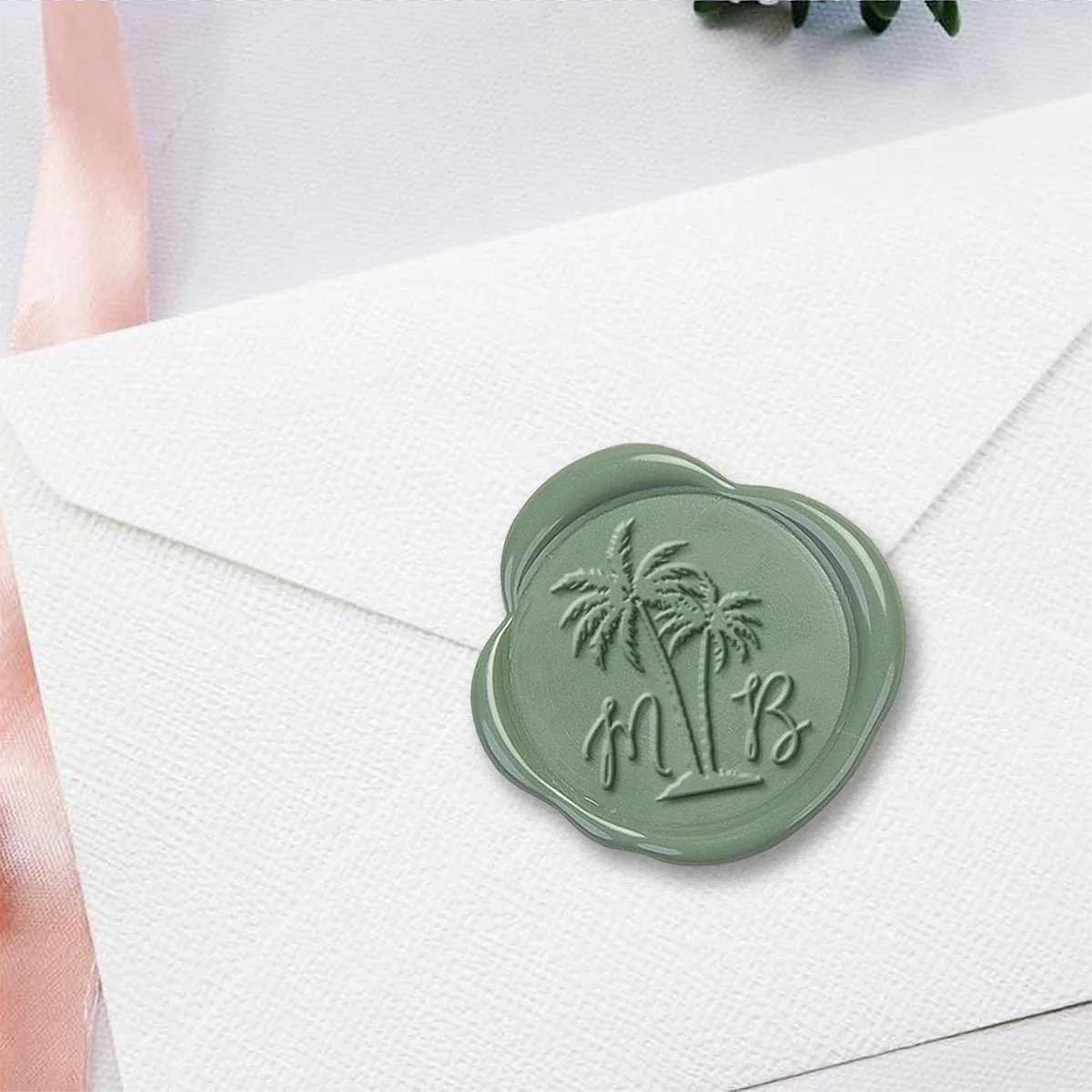 Andinodia Palm Wedding Monogram Adhesive Wax Seals #2521 Bundle with Stamp