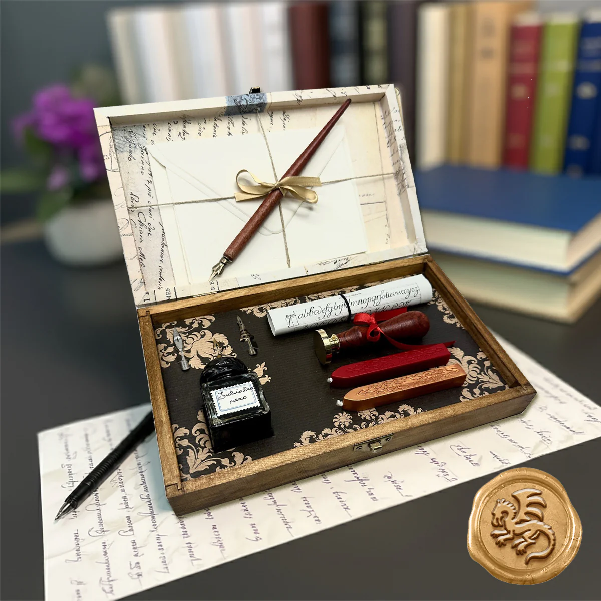 Wax Seal Kit & Calligraphy Writing Set in wooden box with Ink, Nibs & Scroll- Made In Italy - Image 10