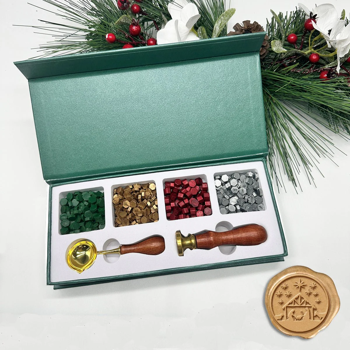 Holiday Wax Seal Kit with 4 Bead Waxes, Spoon and Christmas Wax Seal Stamp - Image 3