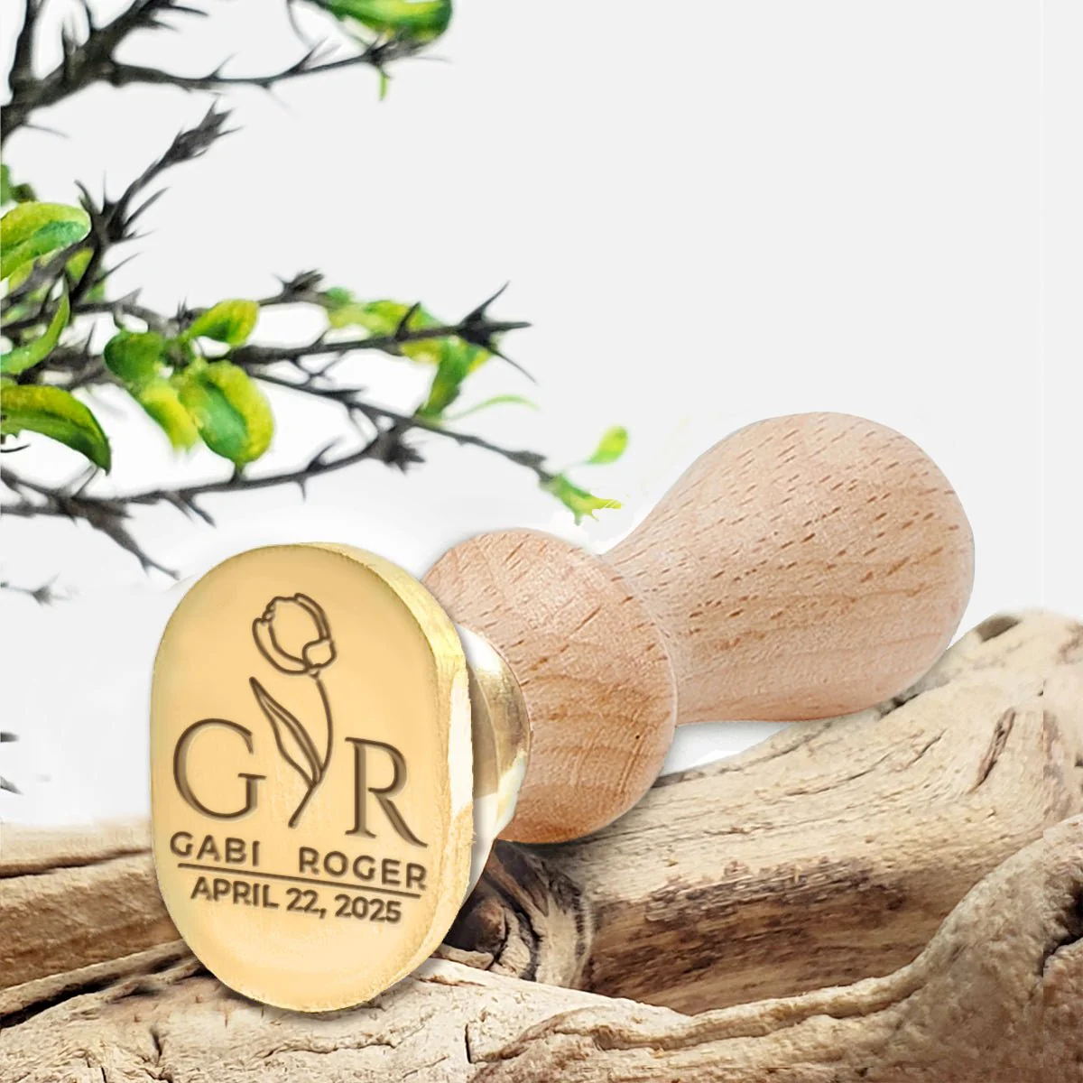 Bella Rosa Wedding Couples Wax Seal Stamp on Rounded Oval with Names Initials & Date #2589