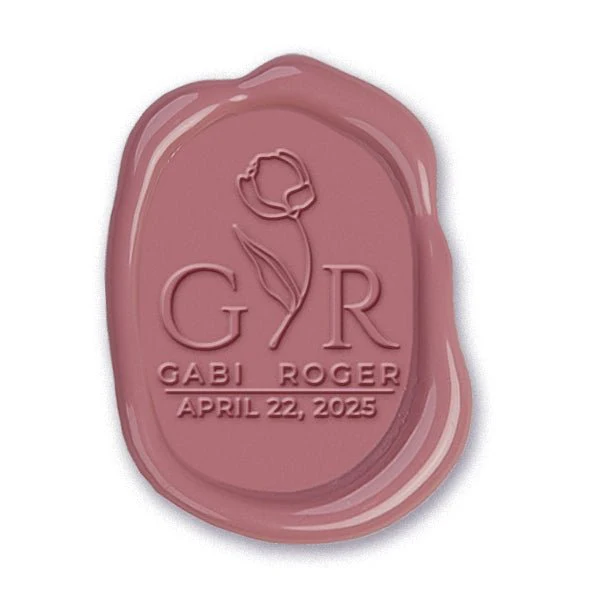 Bella Rosa Wedding Couples Wax Seal Stamp on Rounded Oval with Names Initials & Date #2589 - Image 2