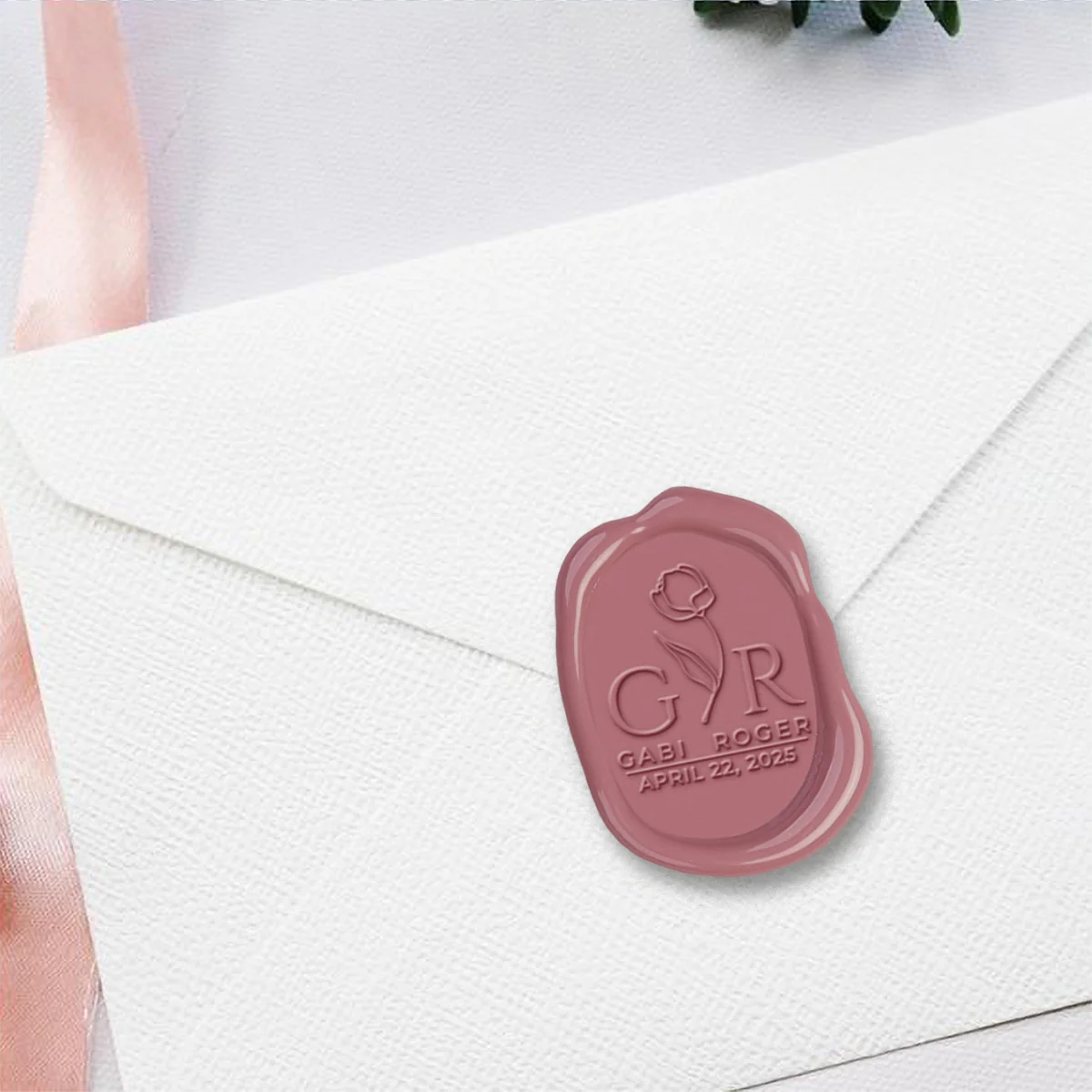 Bella Rosa Wedding Couples Wax Seal Stamp on Rounded Oval with Names Initials & Date #2589 - Image 3