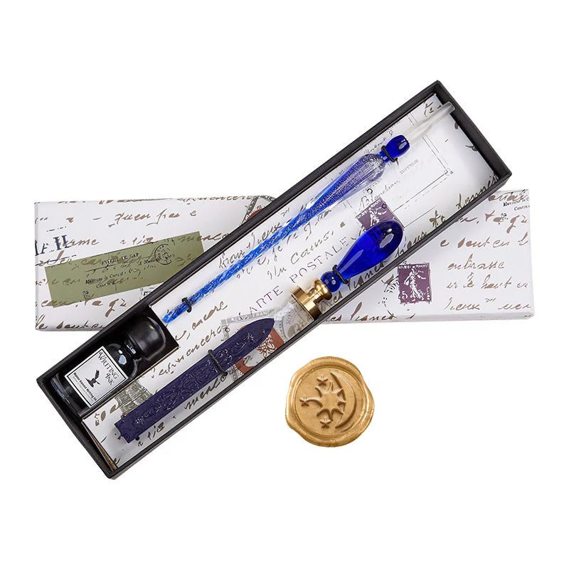 Blue Glass Wax Seal & Calligraphy Pen & Ink Set - Image 6
