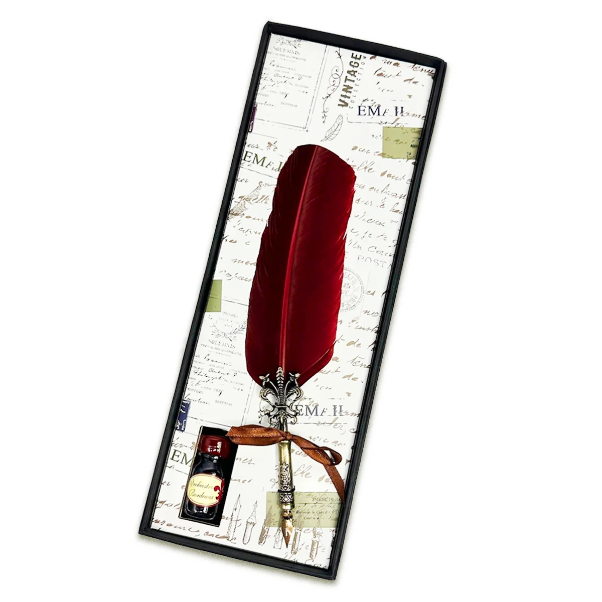 Feather Quill Pen & Ink Set-Decorated Metal Fleur Holder Dip Pen - Image 2