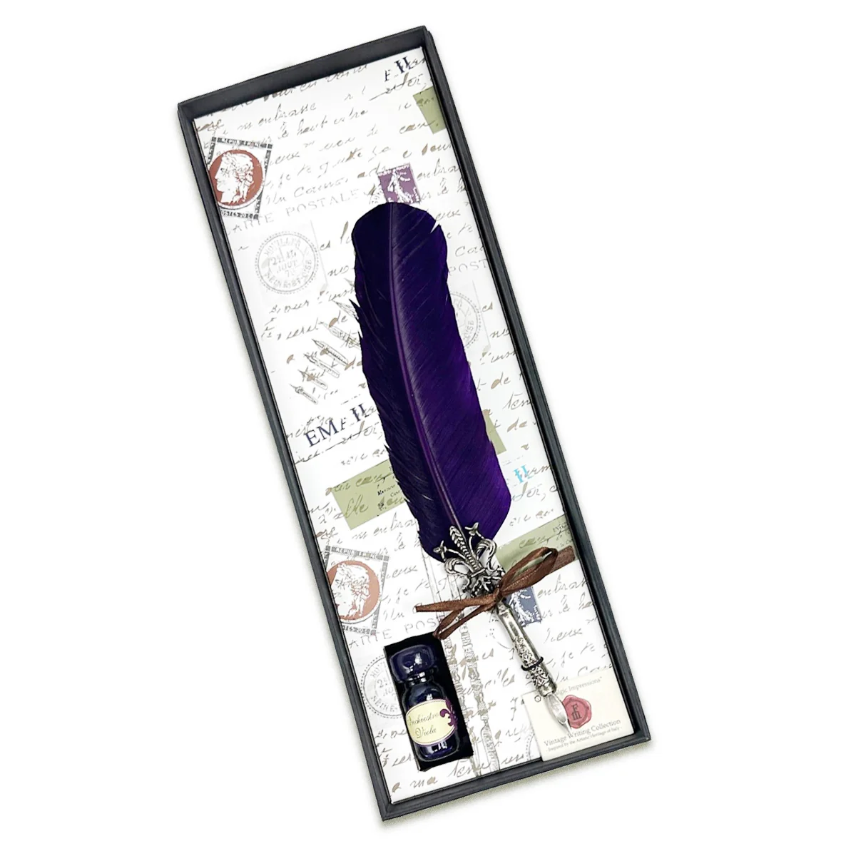 Feather Quill Pen & Ink Set-Decorated Metal Fleur Holder Dip Pen - Image 3