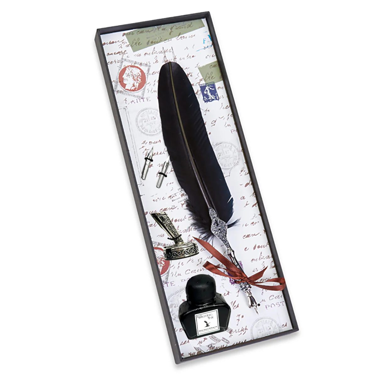 Feather Quill Pen, Ink & Pen Holder Set with-Detailed Silver Metal Dip Pen & Pen Stand - Image 4