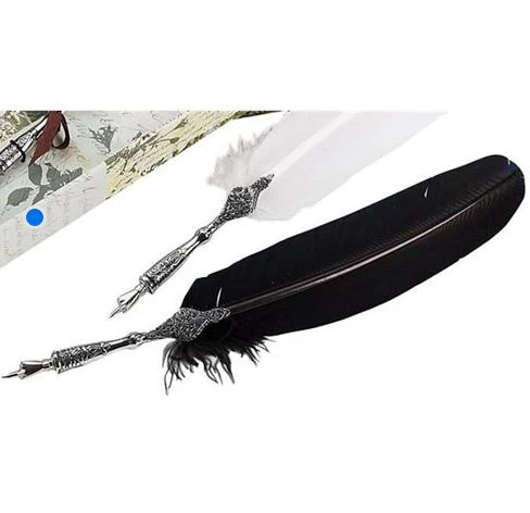 Feather Quill Pen, Ink & Pen Holder Set with-Detailed Silver Metal Dip Pen & Pen Stand - Image 6