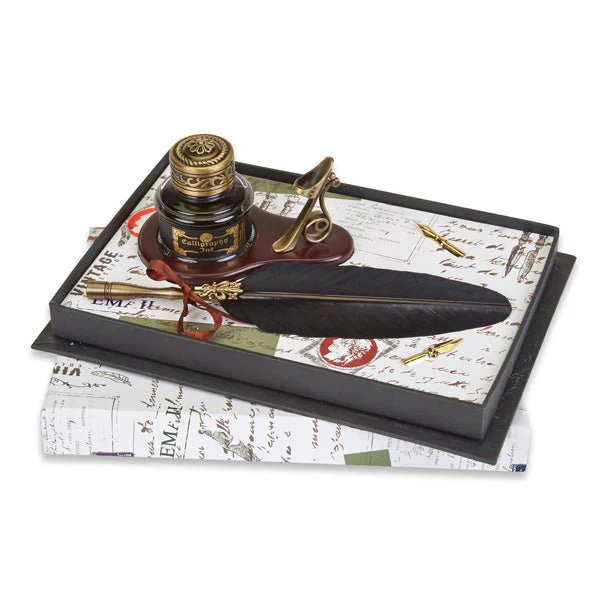 Feather Quill Pen & Wood Stand Desk Set with Ink - Image 3