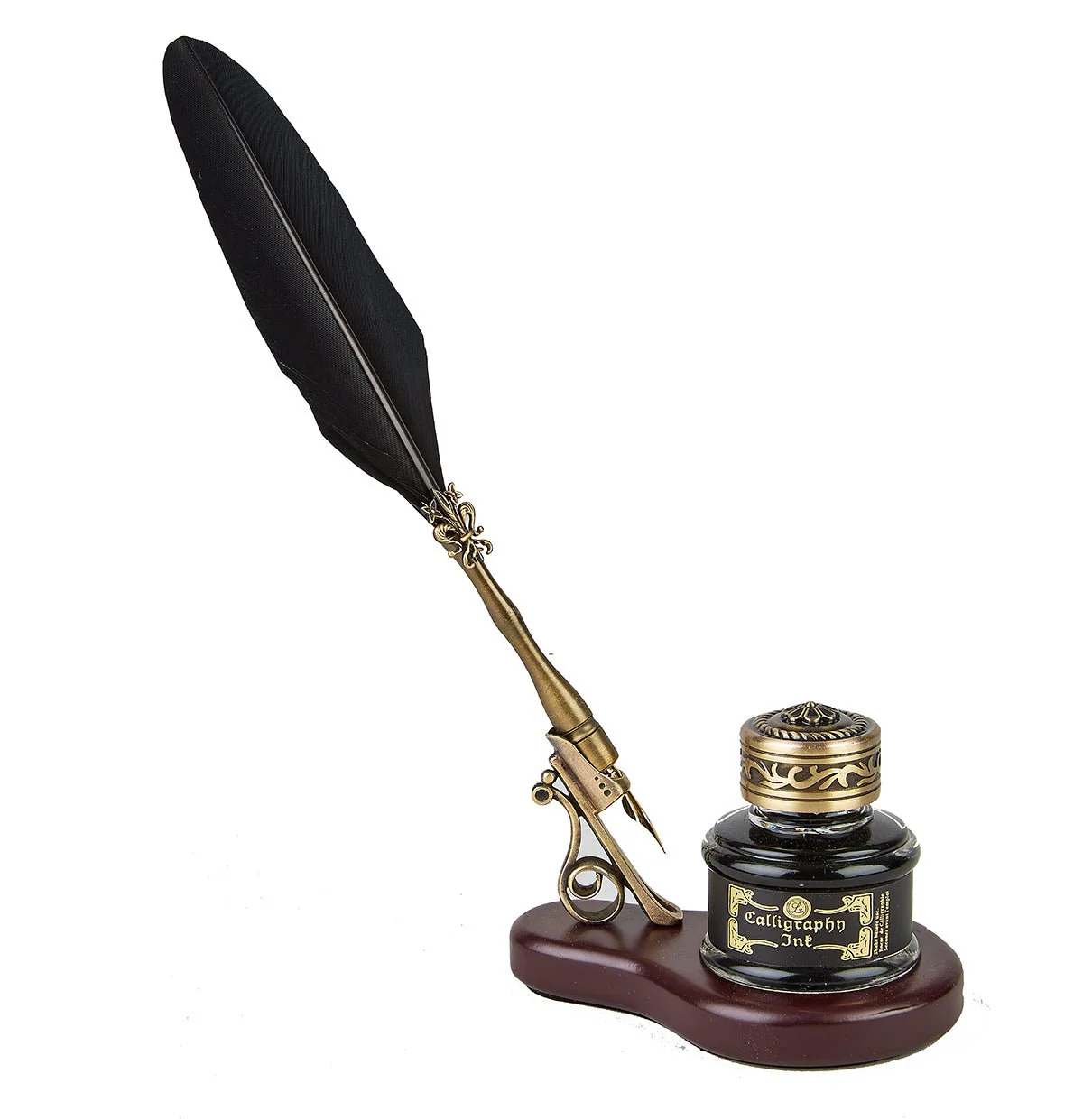 Feather Quill Pen & Wood Stand Desk Set with Ink - Image 5