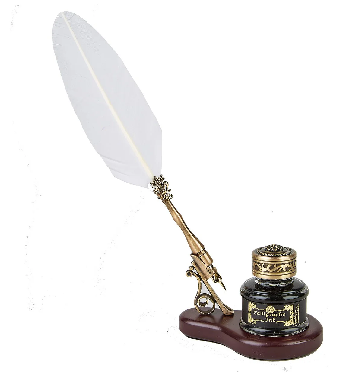 Feather Quill Pen & Wood Stand Desk Set with Ink - Image 6