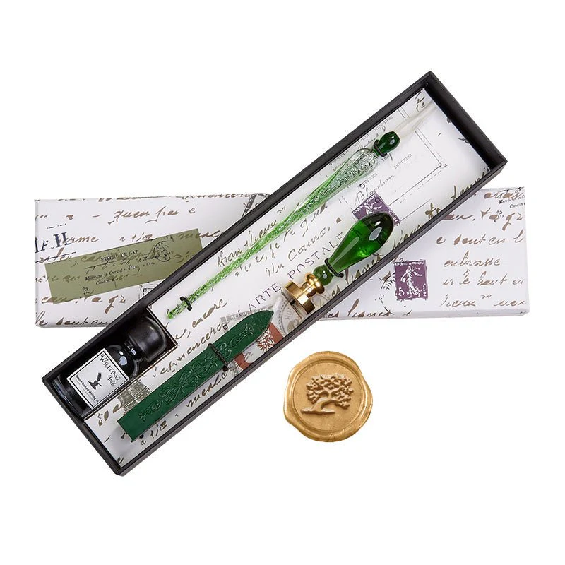 Green Glass Wax Seal & Calligraphy Pen & Ink Set - Image 3