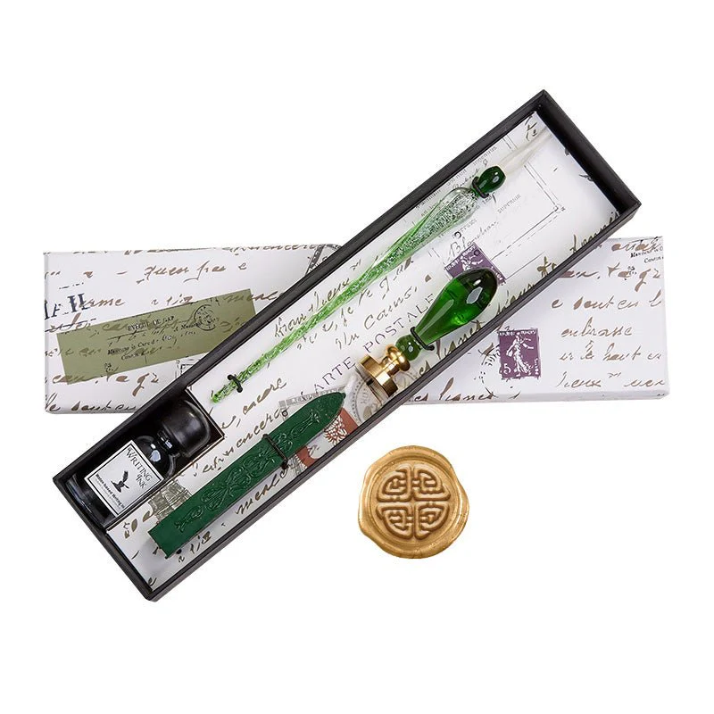 Green Glass Wax Seal & Calligraphy Pen & Ink Set - Image 7