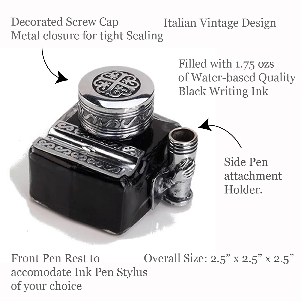 Glass Inkwell with 2 Pen Rests -filled with Ink - Image 4