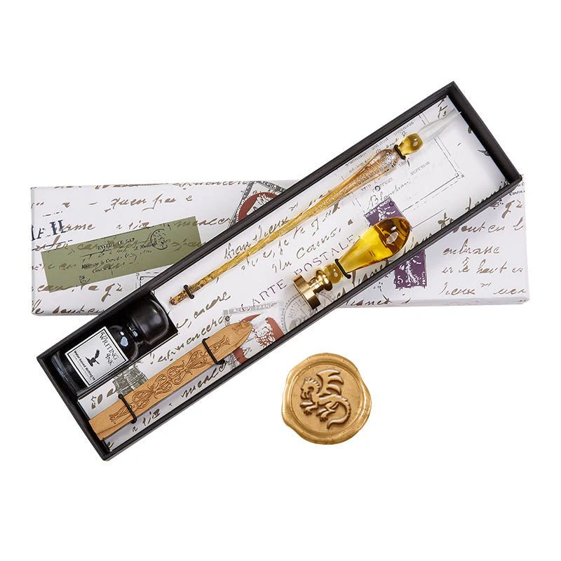 Gold Glass Wax Seal & Calligraphy Pen & Ink Set - Image 6