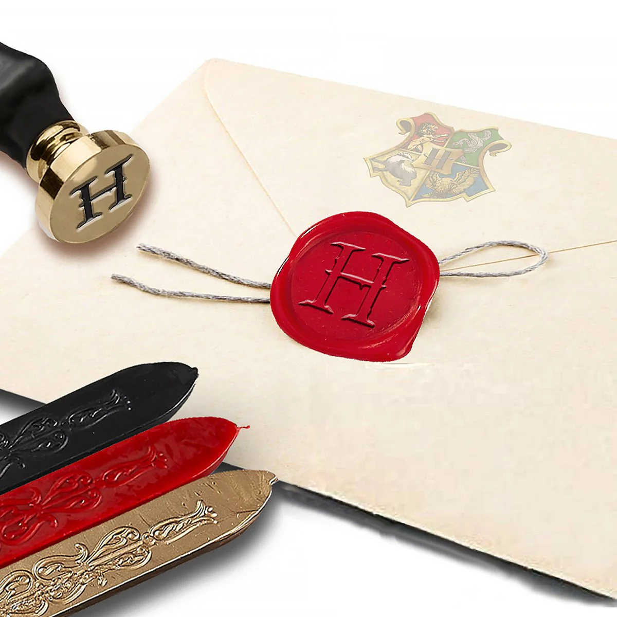 Harry Potter Single Initial Seal Stamp Kit with Brown Wood Handle and Red Gold and Black Sealing Wax