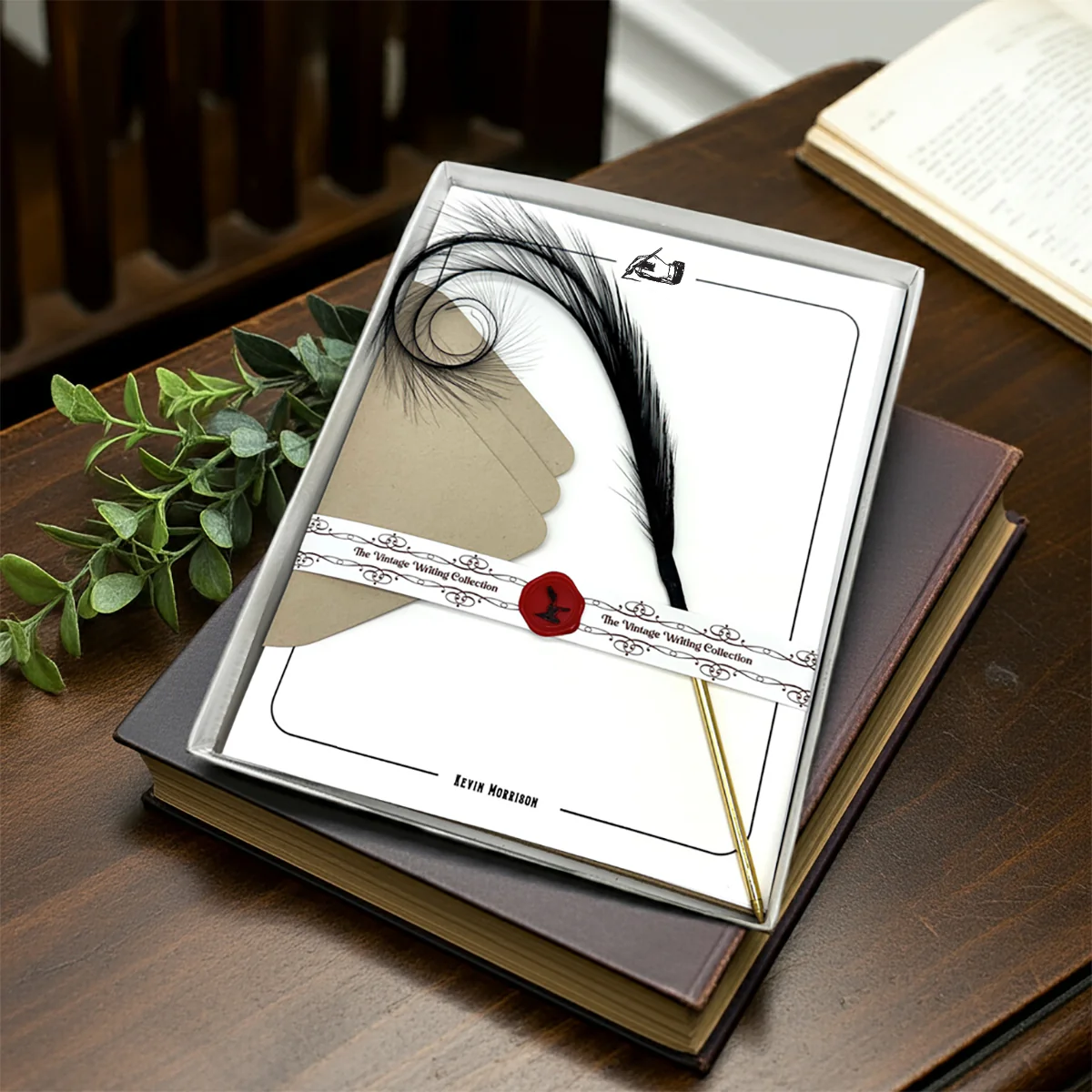 Letterpress Stationery Set with Curled Feather Ballpoint Pen & Vintage Symbol Letterheads & Envelopes - Image 13