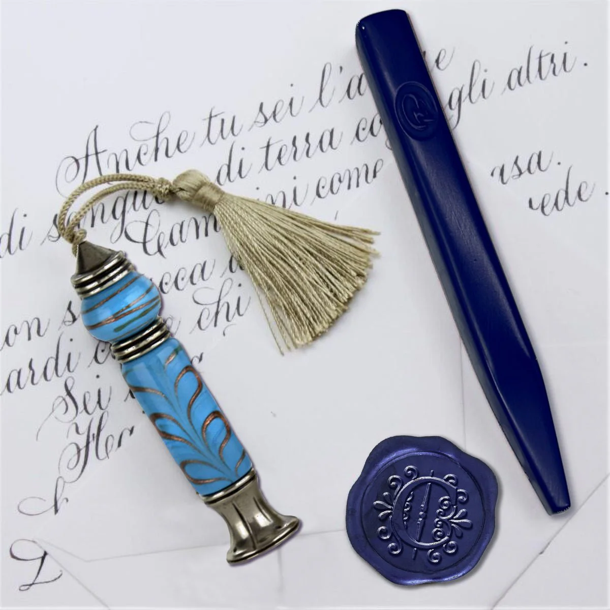 Murano Glass Gold Leaf Handle Wax Seal Stamp with Tassel and Apex Initial - Image 2