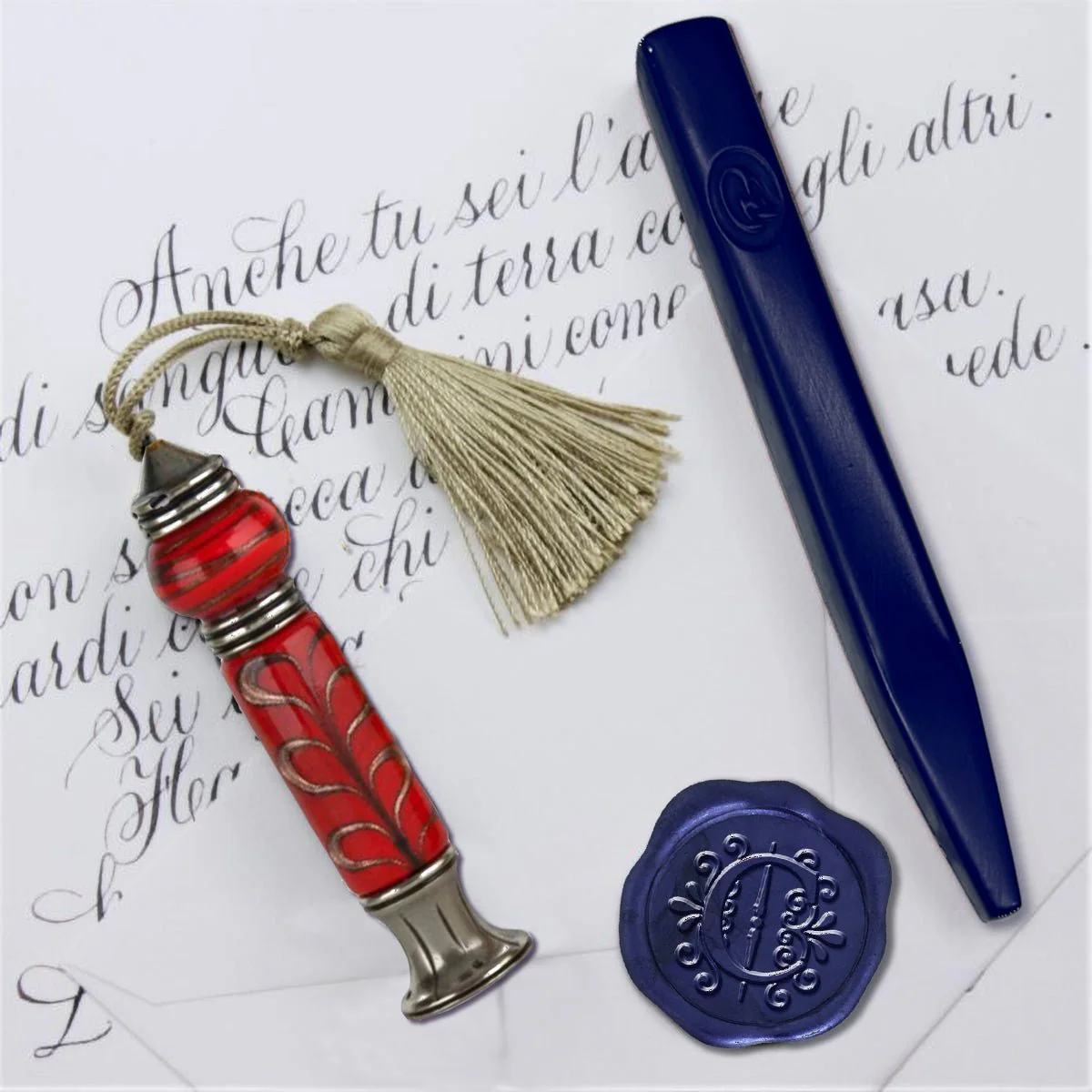 Murano Glass Gold Leaf Handle Wax Seal Stamp with Tassel and Apex Initial - Image 3