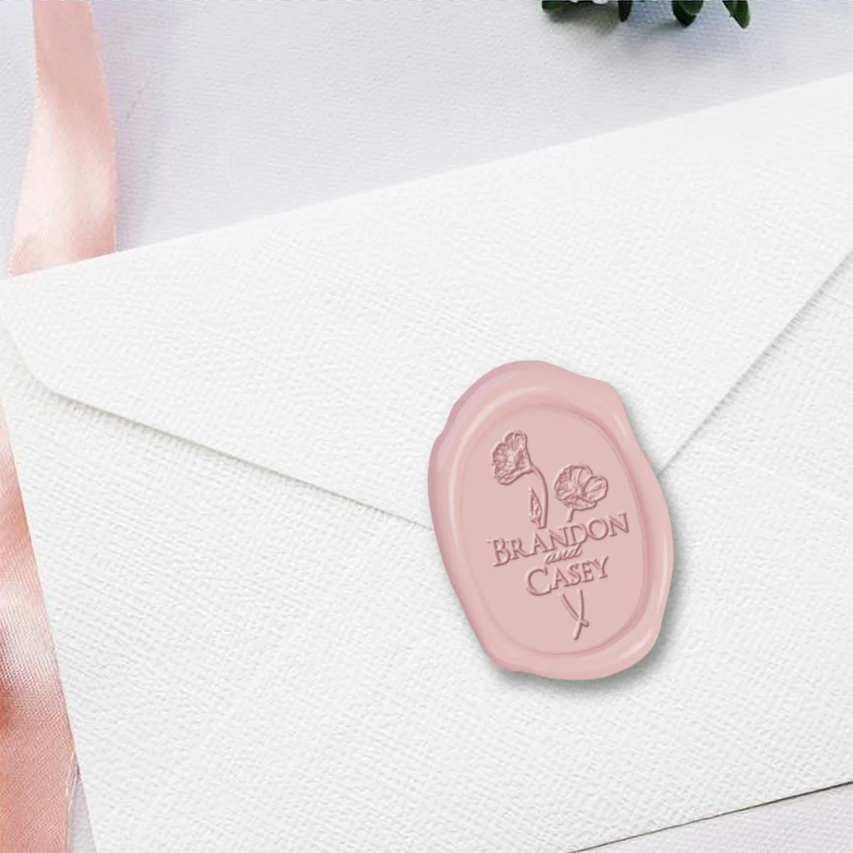 Poppy Wedding Custom Wax Seal Stamp on Rounded Oval with Names #2593 - Image 3