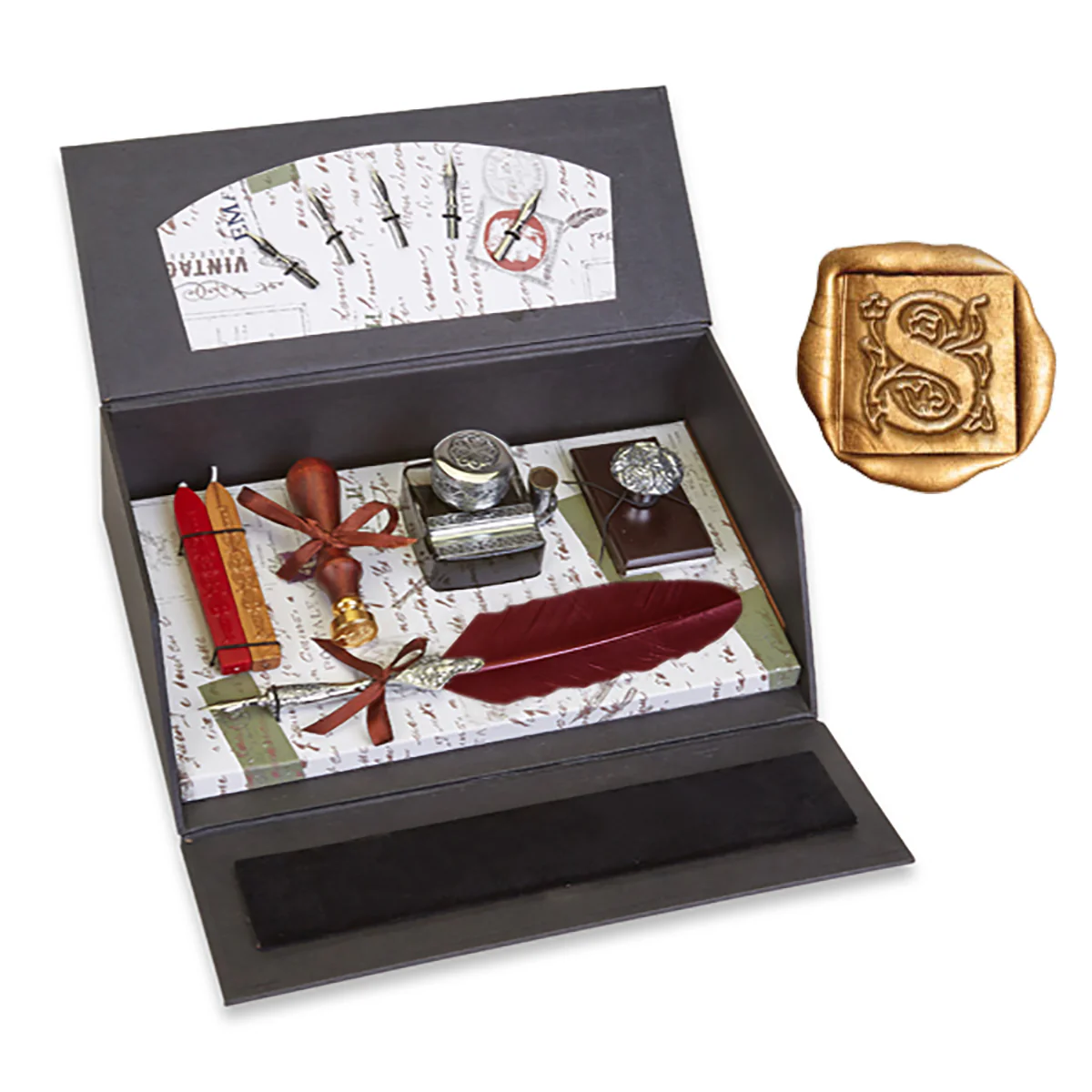 Quill Pen Writing Set Desk Box with Wax Seal Stamp, Sealing Wax, Inkwell with Holder, Blotter, Nibs and Burgundy Feather Quill - Image 25
