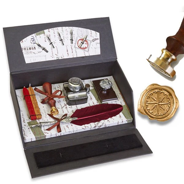 Quill Pen Writing Set Desk Box with Wax Seal Stamp, Sealing Wax, Inkwell with Holder, Blotter, Nibs and Burgundy Feather Quill - Image 5