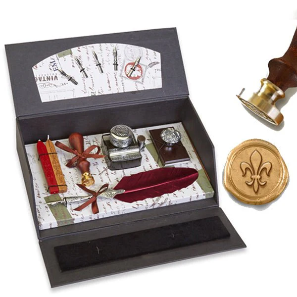 Quill Pen Writing Set Desk Box with Wax Seal Stamp, Sealing Wax, Inkwell with Holder, Blotter, Nibs and Burgundy Feather Quill - Image 6