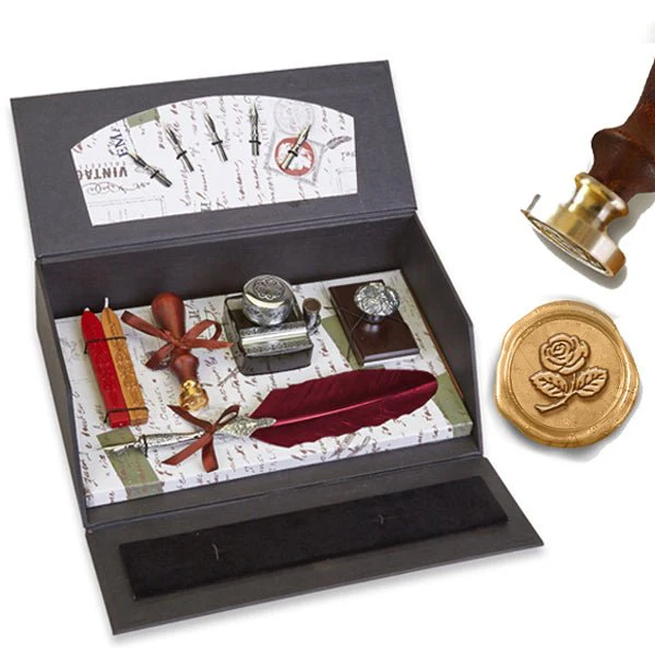 Quill Pen Writing Set Desk Box with Wax Seal Stamp, Sealing Wax, Inkwell with Holder, Blotter, Nibs and Burgundy Feather Quill - Image 9